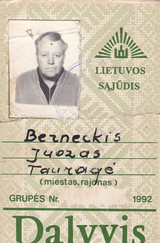 Lietuvos Sąjūdžio dalyvio kortelė, priklausiusi Juozui Berneckiui, 1992 m.