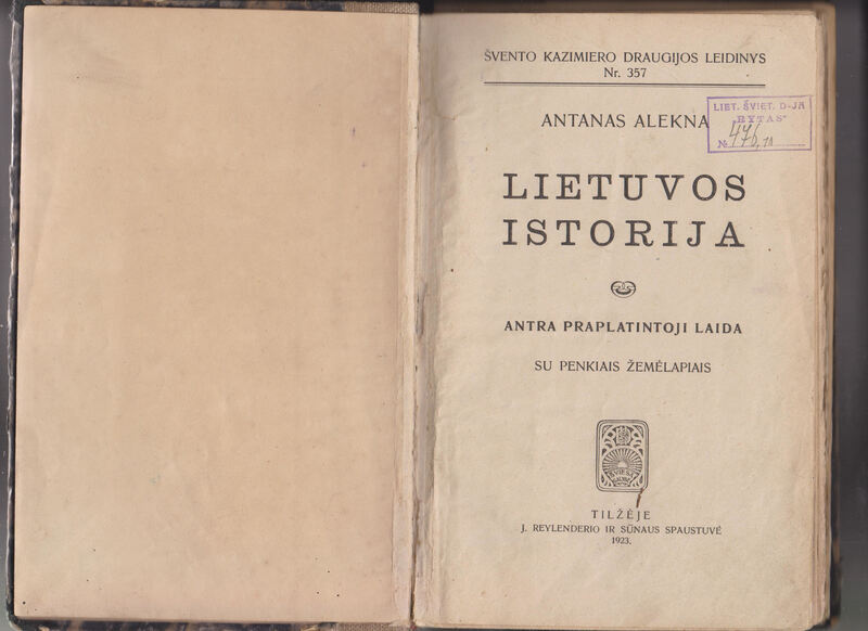 Antano Aleknos knygos „Lietuvos istorija“ 1923 m. antrojo, praplėsto leidimo antraštinis lapas.